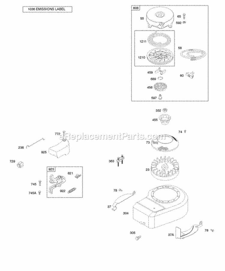 Blower HousingShrouds Brake Flywheel Rewind Starter Diagram and Parts List for 09L902-0132-E1  Briggs and Stratton Engine